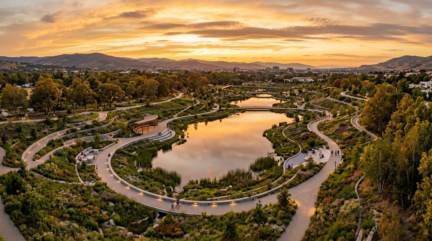 Panoramic landscape development at dusk